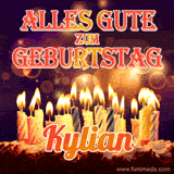 An animated GIF featuring 'Alles Gute Zum Geburtstag Kylian' in glowing red and gold letters above a cake with colorful lit candles, set against a festive sparkling background.