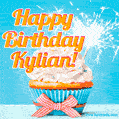A cheerful animated GIF of a cupcake with creamy frosting, a red checkered ribbon, and a bright sparkler on top. The text 'Happy Birthday Kylian!' is displayed in vibrant orange and red.