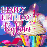 A festive animated GIF featuring a colorful cupcake with a single lit candle, sprinkles, and 'Happy Birthday Kylian' text against a sparkling, celebratory background.