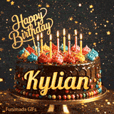 Happy Birthday Kylian animated image showcasing a decorated chocolate cake on a pedestal with glowing candles.
