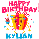 A funny animated birthday GIF with the words 'Happy Birthday Kyliana', colorful gift box with arms and legs, holding a cupcake with a lit candle  with confetti everywhere.
