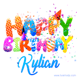 Animated GIF with colorful, festive 'Happy Birthday Kylian' text decorated with patterns, a party hat, and falling confetti. A vibrant and cheerful design for birthday celebrations.