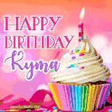 A vibrant birthday GIF featuring a rainbow-colored cupcake topped with white frosting, sprinkles, and a lit candle. The text reads 'Happy Birthday Kyma' in bold pink and violet letters with white outline.
