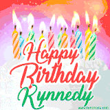 Bright birthday candles with rainbow flames on a cake, alongside the text 'Happy Birthday Kynnedy' in vibrant script in this celebratory animated GIF.