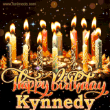 A glowing personalized birthday GIF with name Kynnedy featuring lit candles with intricate designs, warm lighting, and the text 'Happy Birthday' in an elegant font.