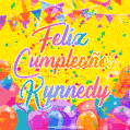 A bright and festive GIF with the text 'Feliz Cumpleaños Kynnedy' in Spanish in colorful fonts, surrounded by confetti, balloons, and festive banners on a vibrant yellow background.