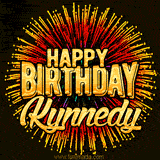 Golden 'Happy Birthday Kynnedy' text accompanied by animated rainbow fireworks for a festive animated greeting.