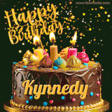 A delightful chocolate birthday cake with bright candles and 'Happy Birthday Kynnedy' written in gold amidst a shower of animated stars.