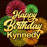 Golden text reading 'Happy Birthday Kynnedy' surrounded by vibrant fireworks in red, green, and yellow, set against a dark background in this celebratory birthday GIF.