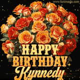 Animated bouquet of orange roses with moving butterfles and golden 'Happy Birthday Kynnedy' text, surrounded by sparkling accents and a dark backdrop for a luxurious feel.