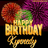 A golden 'Happy Birthday Kynnedy' message with vibrant fireworks in the background, creating a festive and celebratory vibe in this animated name GIF.
