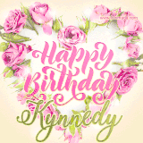 A stunning heart made of pink roses surrounds the elegant script text 'Happy Birthday Kynnedy' on a soft beige background. Animated sparkles add a magical and festive feel.
