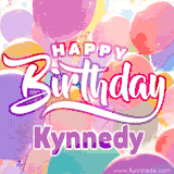 A vibrant name GIF featuring colorful balloons in shades of pink, orange, and yellow with the bold text 'Happy Birthday Kynnedy' in festive fonts, creating a lively birthday vibe.