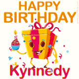 A vibrant and funny gift box character with a happy face dancing with a cupcake and the text 'Happy Birthday Kynnedy,' surrounded by animated confetti and party vibes.