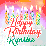 Bright birthday candles with rainbow flames on a cake, alongside the text 'Happy Birthday Kynslee' in vibrant script in this celebratory animated GIF.