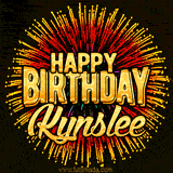 Golden 'Happy Birthday Kynslee' text accompanied by animated rainbow fireworks for a festive animated greeting.