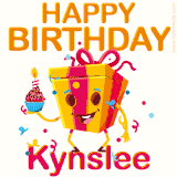 A vibrant and funny gift box character with a happy face dancing with a cupcake and the text 'Happy Birthday Kynslee,' surrounded by animated confetti and party vibes.