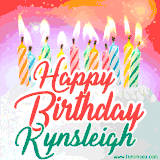 Bright birthday candles with rainbow flames on a cake, alongside the text 'Happy Birthday Kynsleigh' in vibrant script in this celebratory animated GIF.