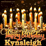 A glowing personalized birthday GIF with name Kynsleigh featuring lit candles with intricate designs, warm lighting, and the text 'Happy Birthday' in an elegant font.