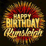 Golden 'Happy Birthday Kynsleigh' text accompanied by animated rainbow fireworks for a festive animated greeting.