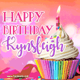 A vibrant birthday GIF featuring a rainbow-colored cupcake topped with white frosting, sprinkles, and a lit candle. The text reads 'Happy Birthday Kynsleigh' in bold pink and violet letters with white outline.