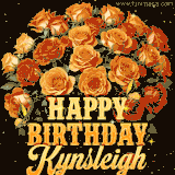 Animated bouquet of orange roses with moving butterfles and golden 'Happy Birthday Kynsleigh' text, surrounded by sparkling accents and a dark backdrop for a luxurious feel.
