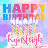 A vibrant animated name GIF with the words 'Happy Birthday Kynsleigh' with colorful candles on a creamy cake. The background sparkles with pastel shades, adding a festive touch.