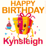 A vibrant and funny gift box character with a happy face dancing with a cupcake and the text 'Happy Birthday Kynsleigh,' surrounded by animated confetti and party vibes.