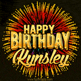 Golden 'Happy Birthday Kynsley' text accompanied by animated rainbow fireworks for a festive animated greeting.