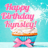 A festive cupcake with pink icing, a gingham bow, and a lit animated sparkler, paired with 'Happy Birthday Kynsley!' in bright pink text.