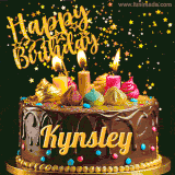 A delightful chocolate birthday cake with bright candles and 'Happy Birthday Kynsley' written in gold amidst a shower of animated stars.
