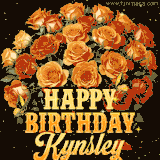 Animated bouquet of orange roses with moving butterfles and golden 'Happy Birthday Kynsley' text, surrounded by sparkling accents and a dark backdrop for a luxurious feel.