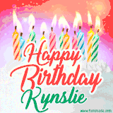 Bright birthday candles with rainbow flames on a cake, alongside the text 'Happy Birthday Kynslie' in vibrant script in this celebratory animated GIF.