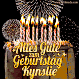 A chocolate birthday cake with glowing candles, the German text 'Alles Gute zum Geburtstag Kynslie,' and vibrant fireworks lighting up the background in an animated GIF.