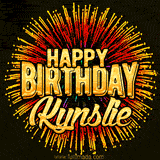 Golden 'Happy Birthday Kynslie' text accompanied by animated rainbow fireworks for a festive animated greeting.