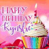 A vibrant birthday GIF featuring a rainbow-colored cupcake topped with white frosting, sprinkles, and a lit candle. The text reads 'Happy Birthday Kynslie' in bold pink and violet letters with white outline.