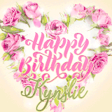 A stunning heart made of pink roses surrounds the elegant script text 'Happy Birthday Kynslie' on a soft beige background. Animated sparkles add a magical and festive feel.