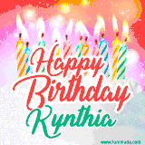Bright birthday candles with rainbow flames on a cake, alongside the text 'Happy Birthday Kynthia' in vibrant script in this celebratory animated GIF.