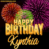 A golden 'Happy Birthday Kynthia' message with vibrant fireworks in the background, creating a festive and celebratory vibe in this animated name GIF.