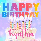 A vibrant animated name GIF with the words 'Happy Birthday Kynthia' with colorful candles on a creamy cake. The background sparkles with pastel shades, adding a festive touch.