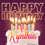 A colorful birthday cake topped with lit candles, with the words 'Happy Birthday Kynthia' in bold glowing letters on a burgundy background. Animated flames add a festive touch.