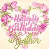 A stunning heart made of pink roses surrounds the elegant script text 'Happy Birthday Kynthia' on a soft beige background. Animated sparkles add a magical and festive feel.