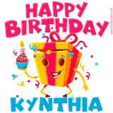 A vibrant and funny gift box character with a happy face dancing with a cupcake and the text 'Happy Birthday Kynthia,' surrounded by animated confetti and party vibes.