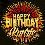 Golden 'Happy Birthday Kynzie' text accompanied by animated rainbow fireworks for a festive animated greeting.