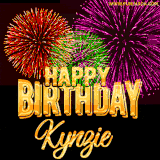A golden 'Happy Birthday Kynzie' message with vibrant fireworks in the background, creating a festive and celebratory vibe in this animated name GIF.