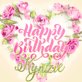 A stunning heart made of pink roses surrounds the elegant script text 'Happy Birthday Kynzie' on a soft beige background. Animated sparkles add a magical and festive feel.