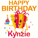 A vibrant and funny gift box character with a happy face dancing with a cupcake and the text 'Happy Birthday Kynzie,' surrounded by animated confetti and party vibes.
