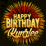 Golden 'Happy Birthday Kynzlee' text accompanied by animated rainbow fireworks for a festive animated greeting.