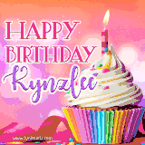 A vibrant birthday GIF featuring a rainbow-colored cupcake topped with white frosting, sprinkles, and a lit candle. The text reads 'Happy Birthday Kynzlee' in bold pink and violet letters with white outline.