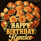 Animated bouquet of orange roses with moving butterfles and golden 'Happy Birthday Kynzlee' text, surrounded by sparkling accents and a dark backdrop for a luxurious feel.